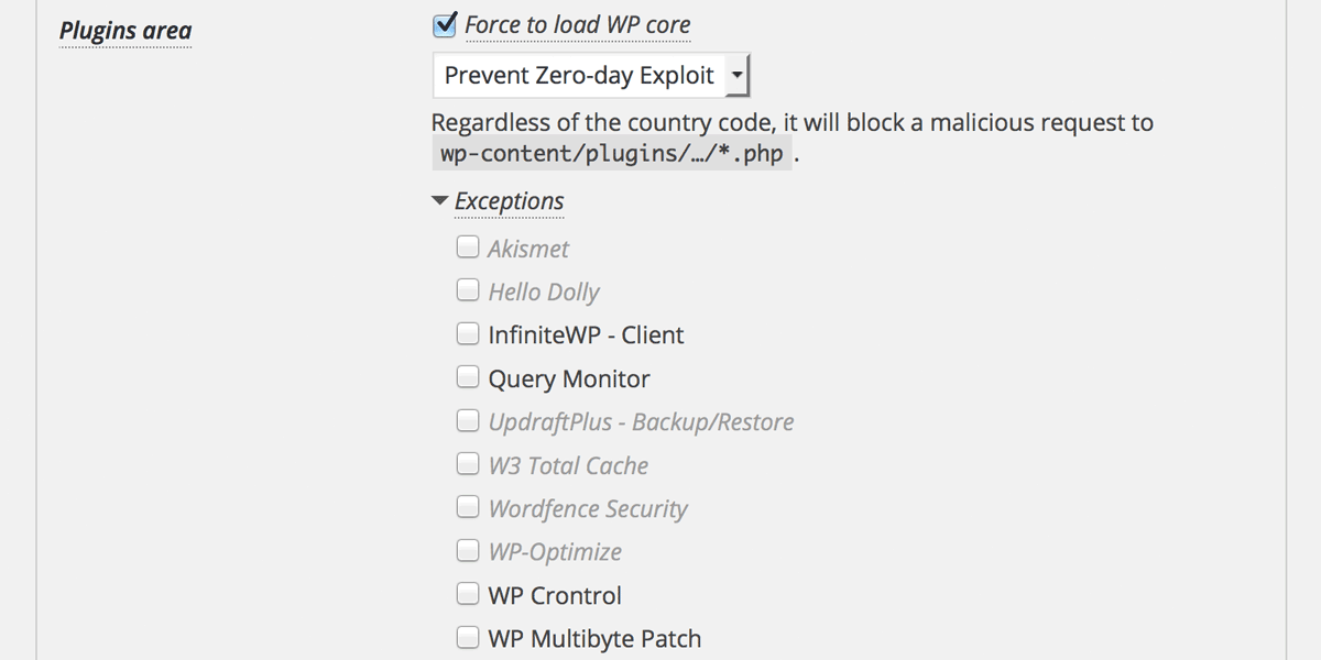 Exceptions for Plugins/Themes area Exceptions for Plugins/Themes area