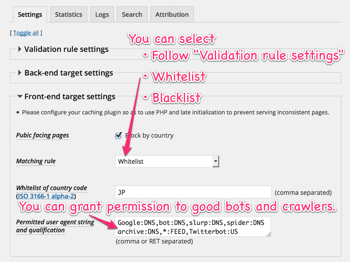 Front-end target settings Front-end target settings