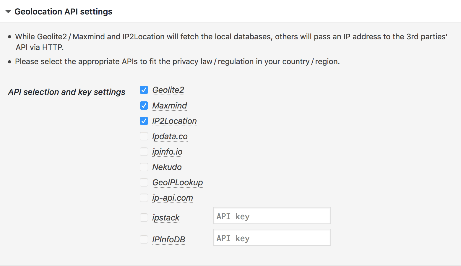 Geolocation API settings Geolocation API settings