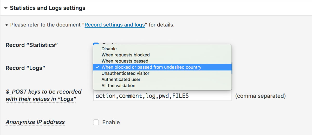 Statistics and Logs settings Statistics and Logs settings