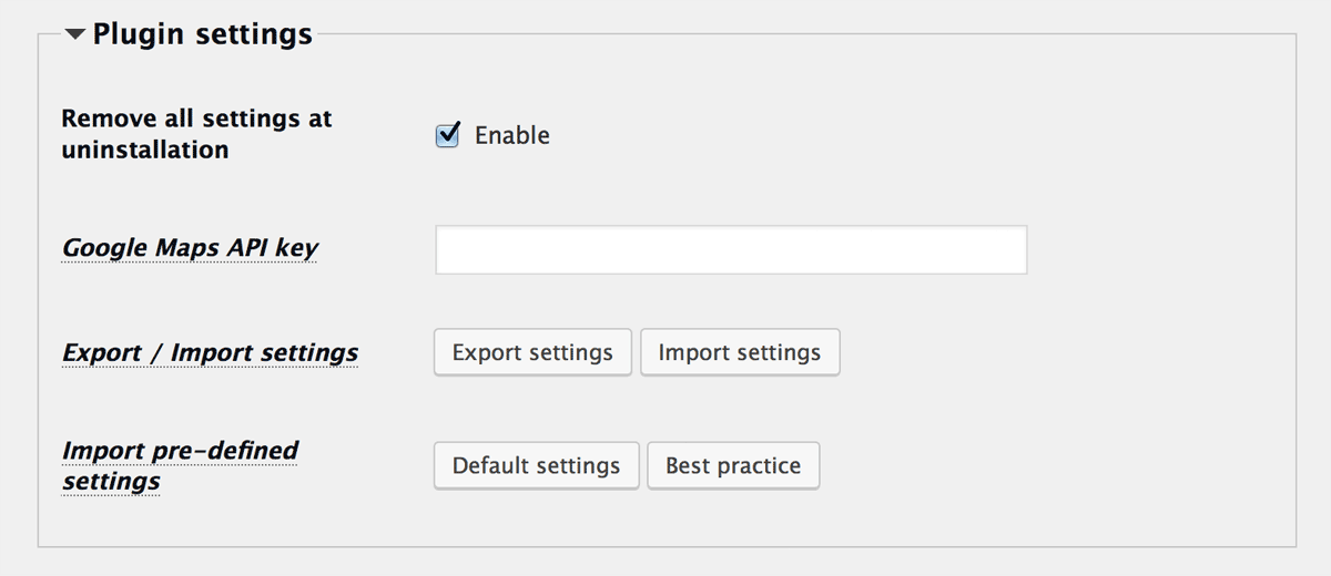 Google Maps API key at Plugin settings Google Maps API key at Plugin settings