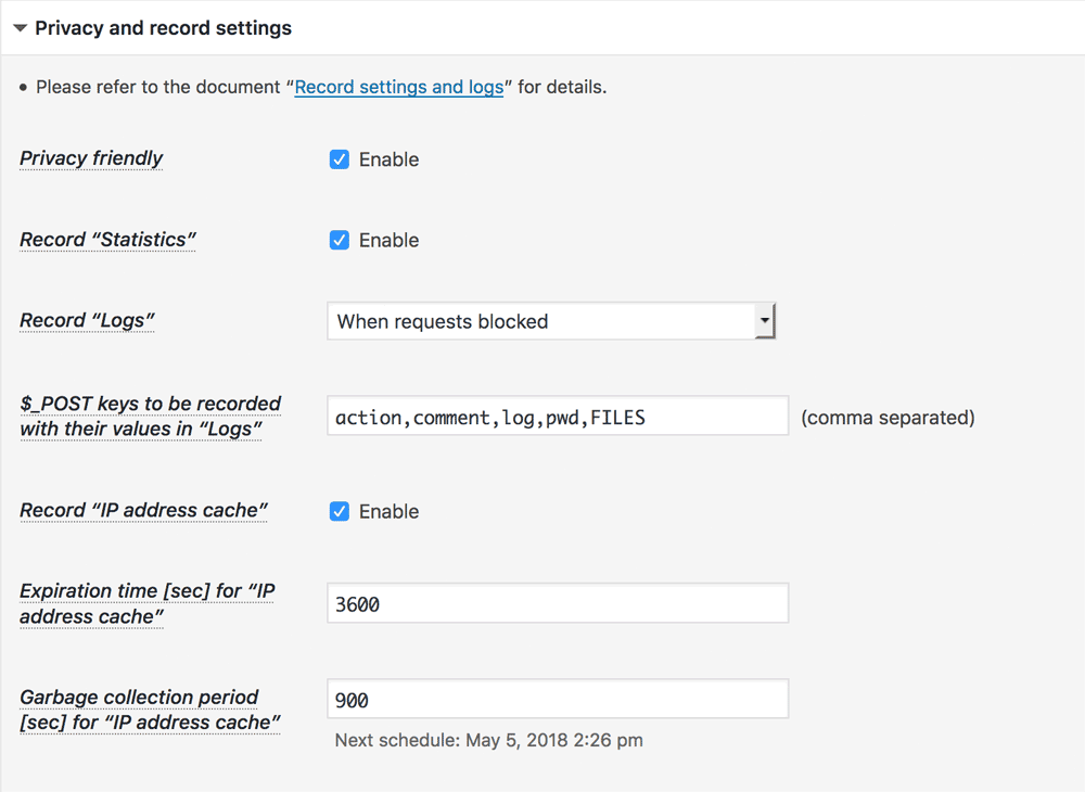 Privacy and record settings