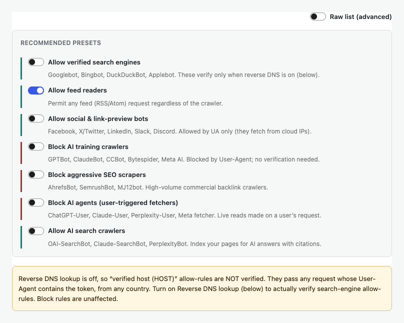 Recommended bot rule presets