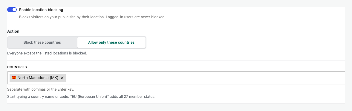 Country blocking action and country selector