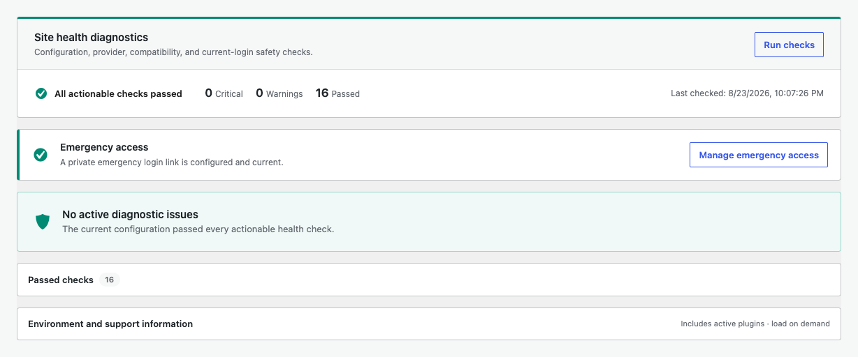 Diagnostics summary and emergency access status