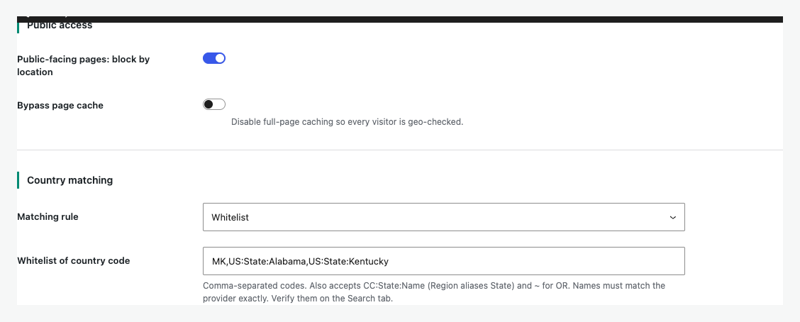 Advanced public access and country matching controls