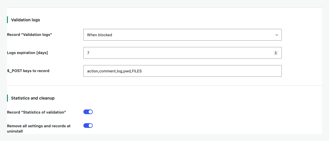 Advanced validation log and statistics controls