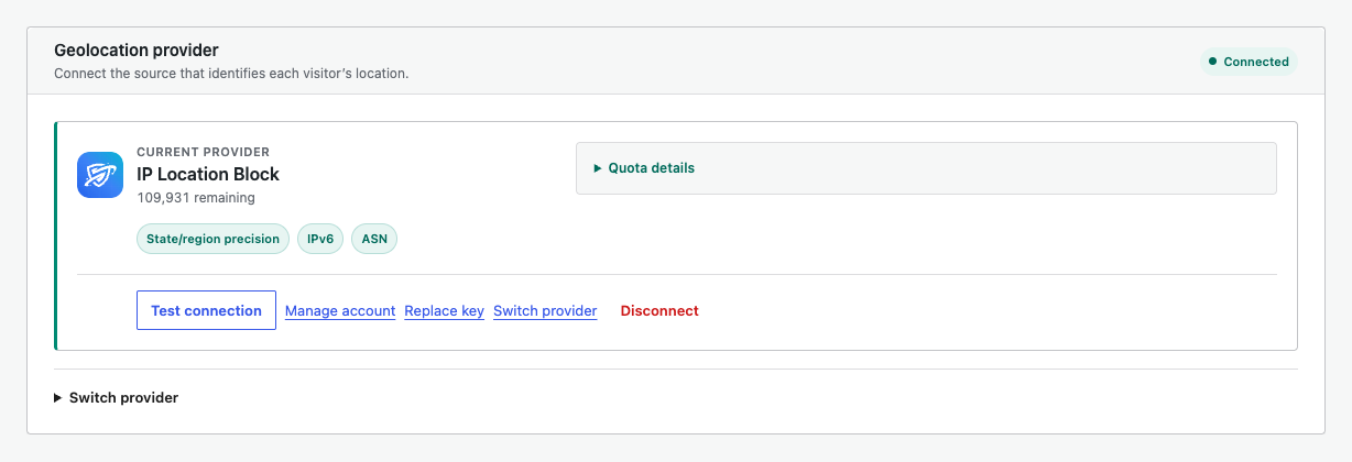 The connected geolocation provider card in Simple view