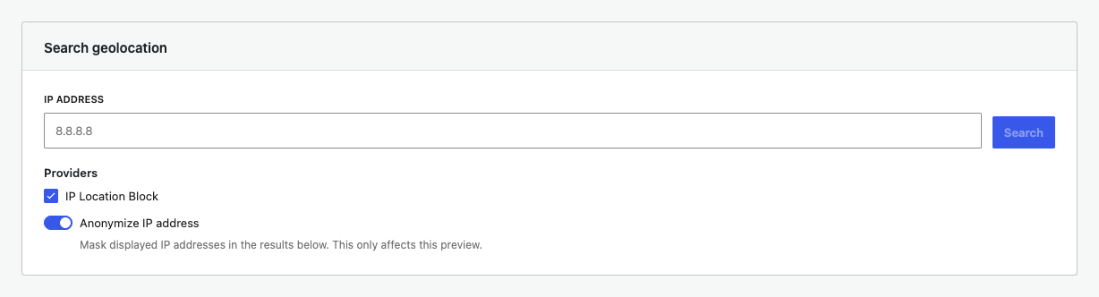Search geolocation form with provider and anonymization controls