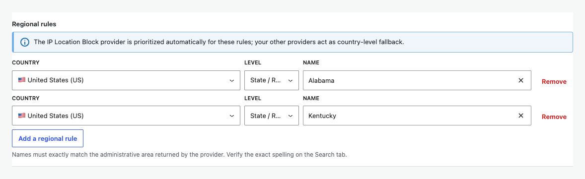 Two state or region rules in the Simple settings view