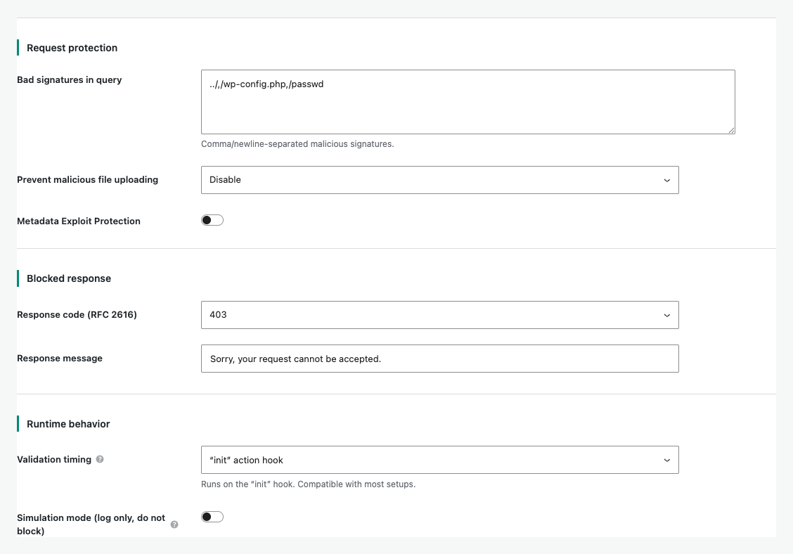 Advanced request protection, blocked response, and runtime controls
