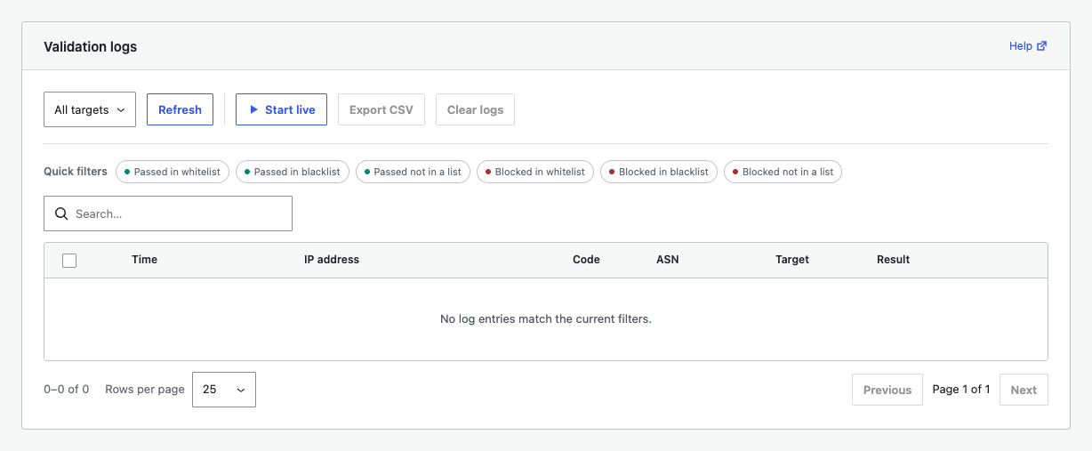 Validation logs filters, quick filters, search, and table