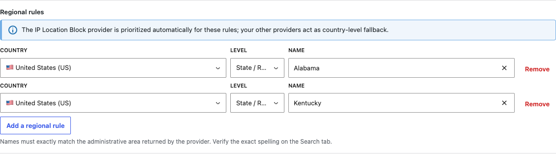 State or region rules in the current IP Location Block interface